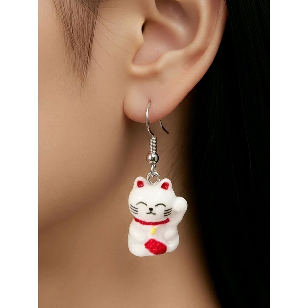 White Lucky Cat Earrings Maneki Neko Dangle Red Accent Cute Playful Happy Gift